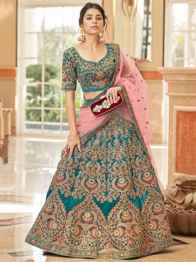Ravishing Teal Blue Heavy Embroidered Velvet Bridesmaid Lehenga Choli